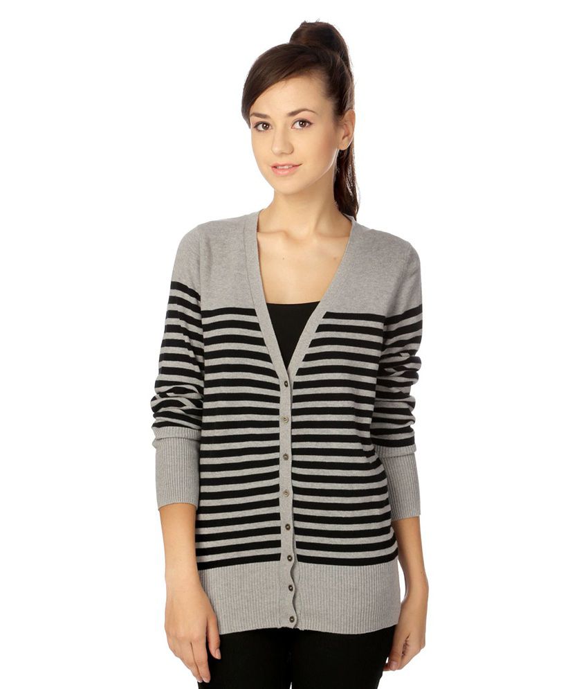 People Gray Cotton V Neck Buttoned Cardigans 