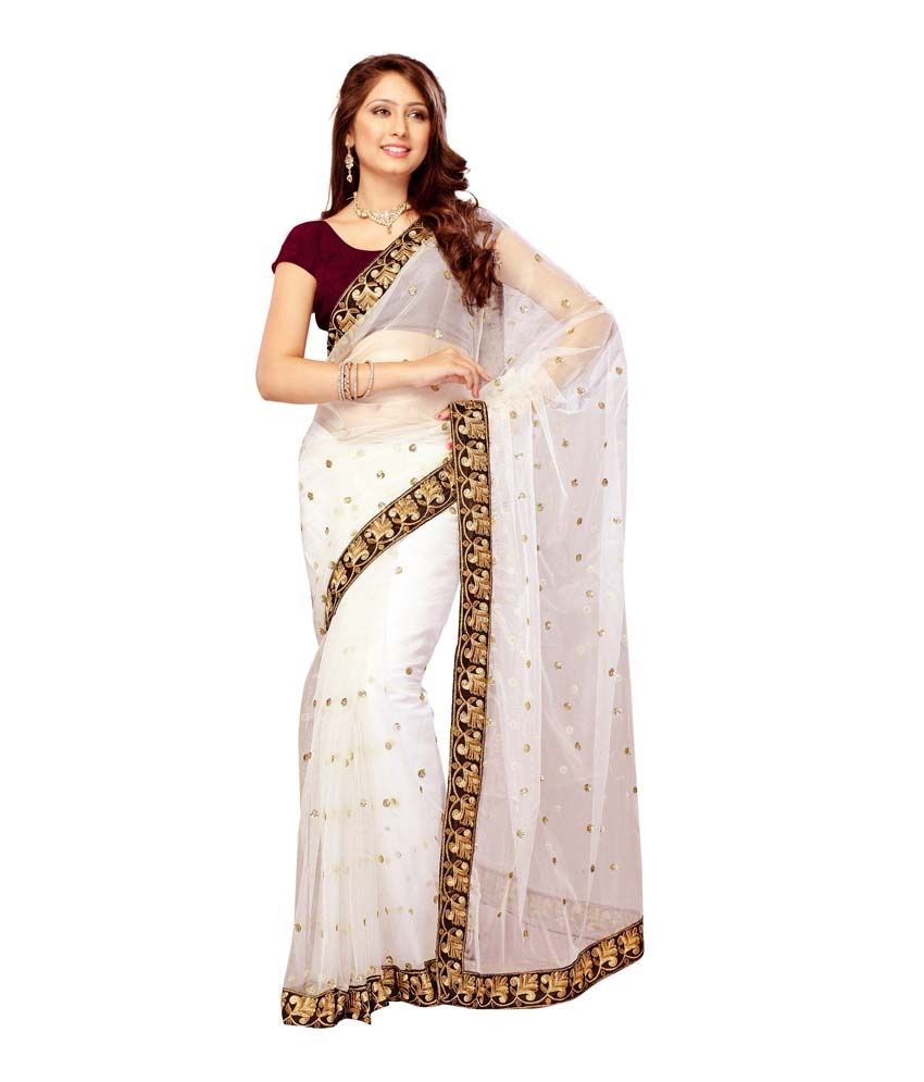 Trynget White Fancy Sequence Botti Saree With Blouse Piece