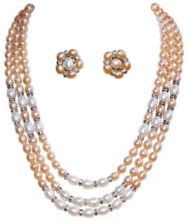 Classique Designer Jewellery White & Peach Triple String Pearl Necklace Set available at snapdeal for Rs.1613