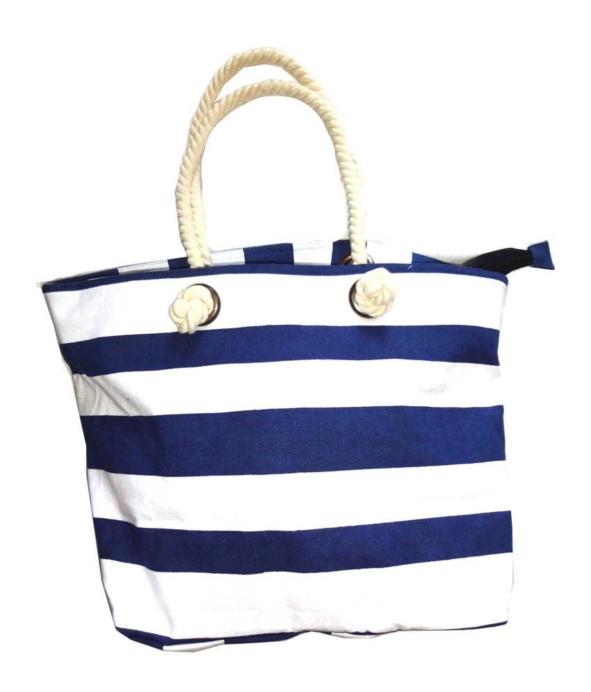 Craftshub Large Blue Striped Beach Bag For Women