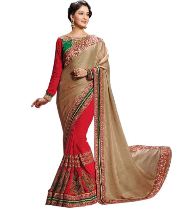 Vardha Trendz Elegant Red Pure Chiffon Heavy Embroidered Designer Party Wear Saree With Blouse available at snapdeal for Rs.11772
