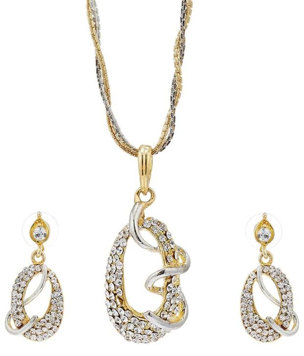 Sia Art Jewellery Silver & Golden American Diamond Pendant Set