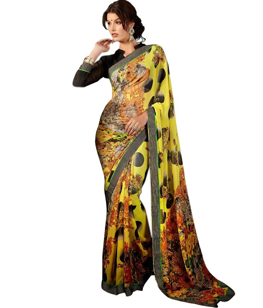Vardha Trendz Elegant Yellow Printed With Embroidered Lace Designer Party Wear Saree available at snapdeal for Rs.1563