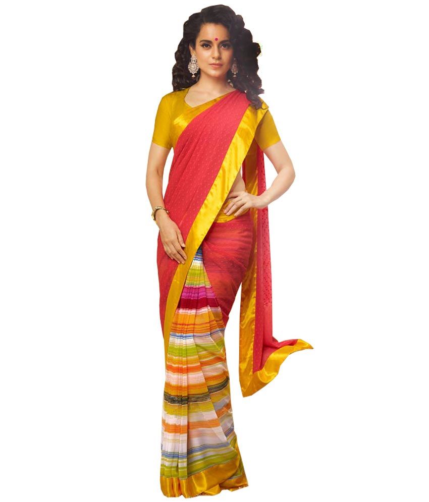 Kalazone Red Yellow Color, Silk Georgette Fabric, Embroidered Printed Party Wear Saree available at snapdeal for Rs.2444