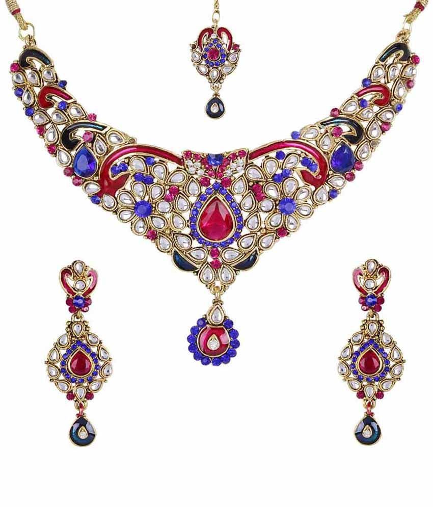 Shining Diva Pink & Blue Colour Spark Necklace Set With Maang Tika available at snapdeal for Rs.829