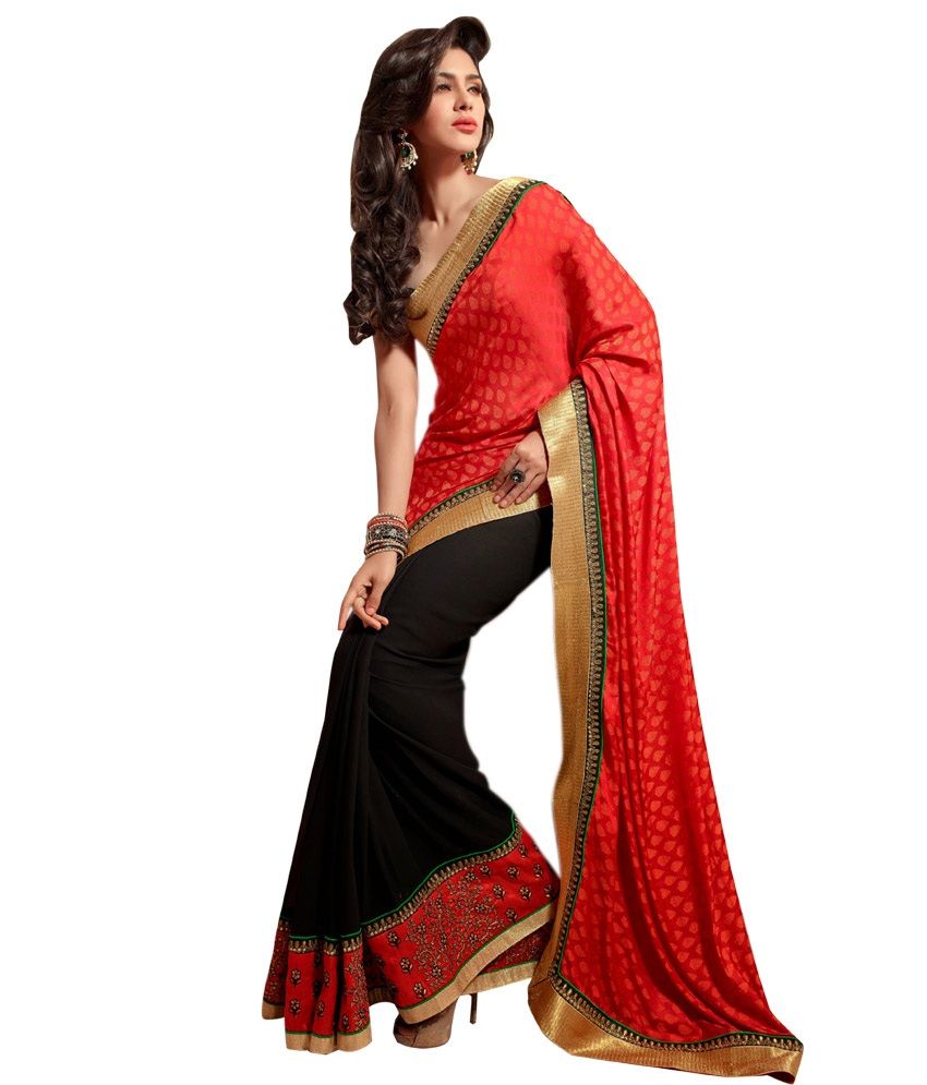 Vardha Trendz Elegant Red Pure Georgette Heavy Embroidered Party Wear Saree With Blouse Piece available at snapdeal for Rs.4787