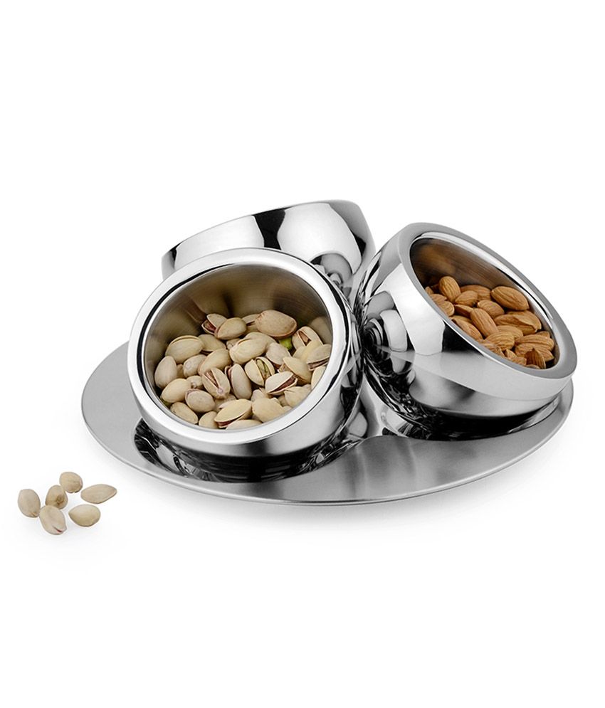 Jattin Enterprises Stainless Steel Set Of 3 Candy Bowl With A Tray