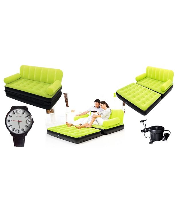 Eo Double Velvet Sofa Cum Bed Air Lounge Inflatable Green Colour With Free Eo Velosity Mens Watch available at snapdeal for Rs.4717