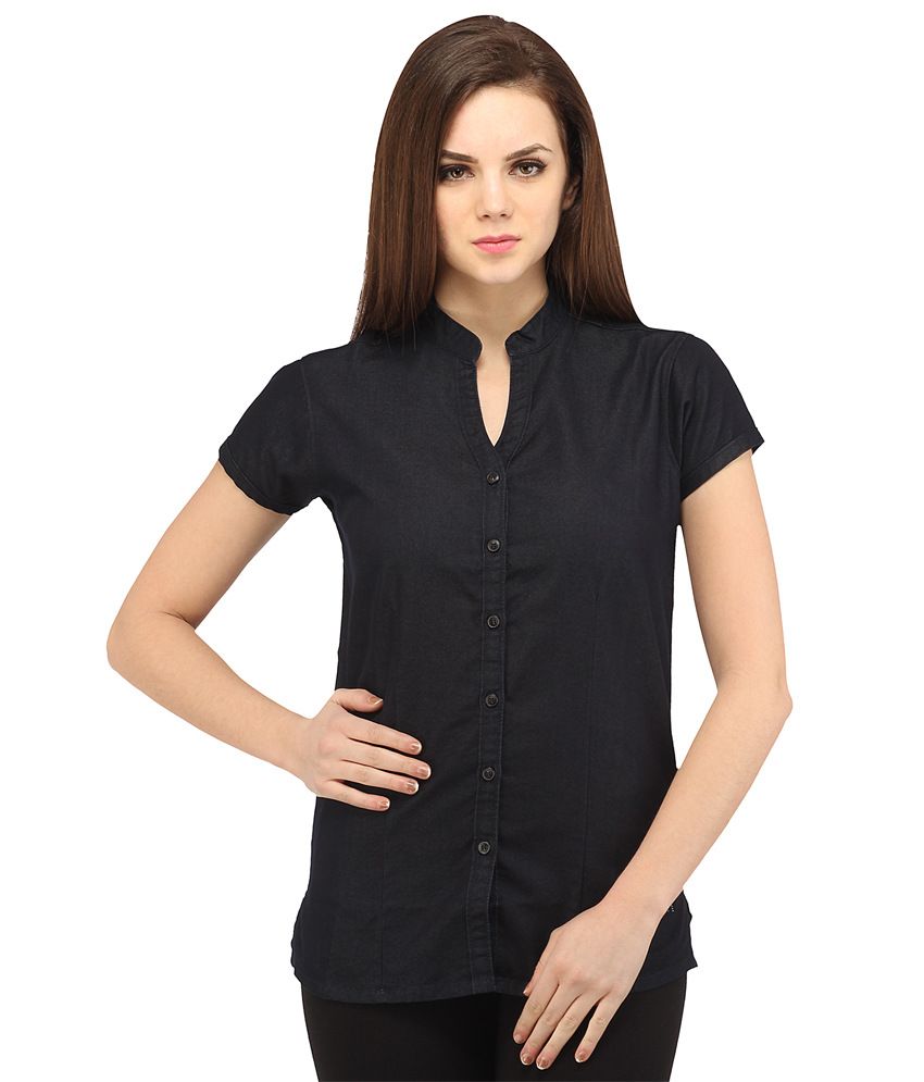 X'pose Blue Cotton Solid Half Sleeves Chinese Collar Shirt