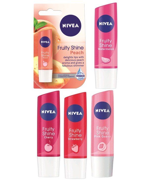 Nivea Combo Of 5 Fruity Shine Guava, Strawberry, Cherry, Peach & Watermelon Lip Balm 4.8g