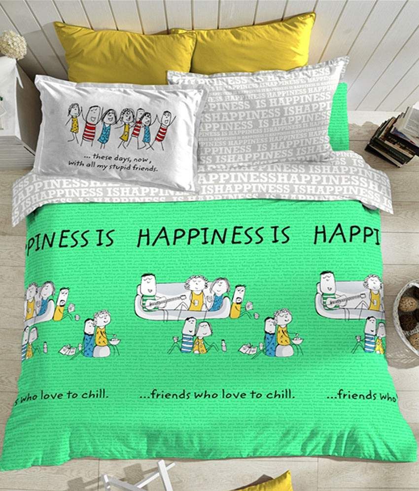 Portico New York Green Happiness Is King Size Bed Sheet With 2 Pillow Covers