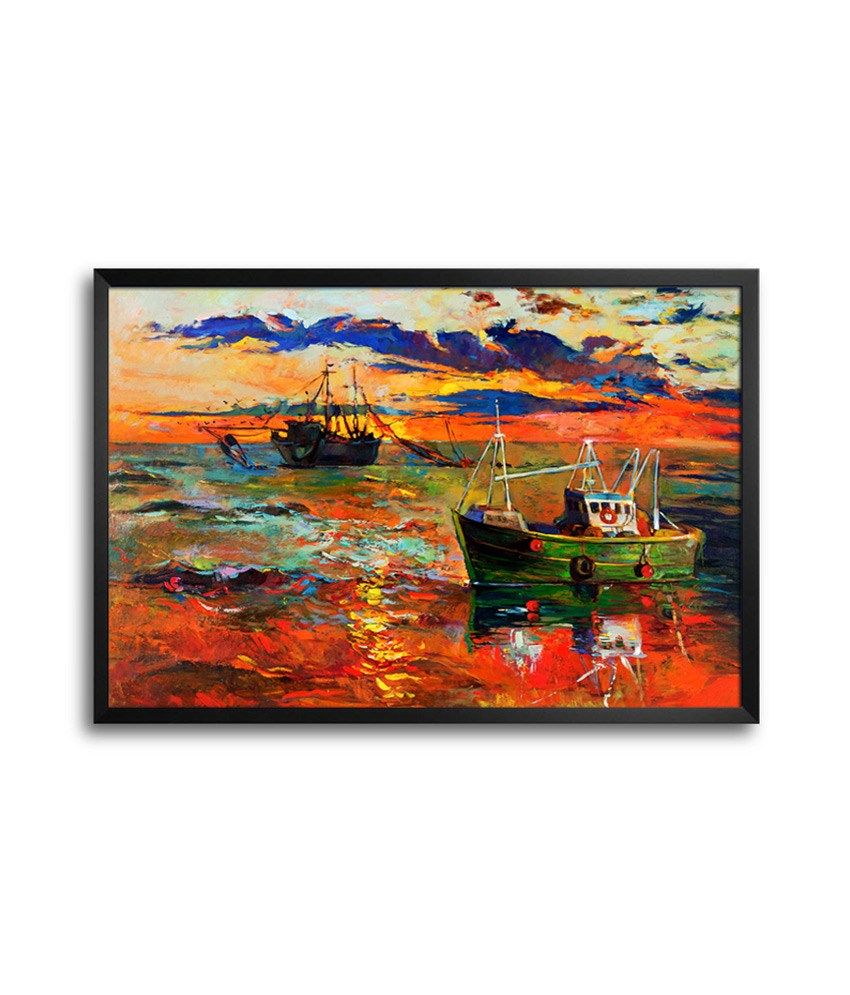 Shopmantra Sunset Ship Brush Paint Laminated Framed Poster