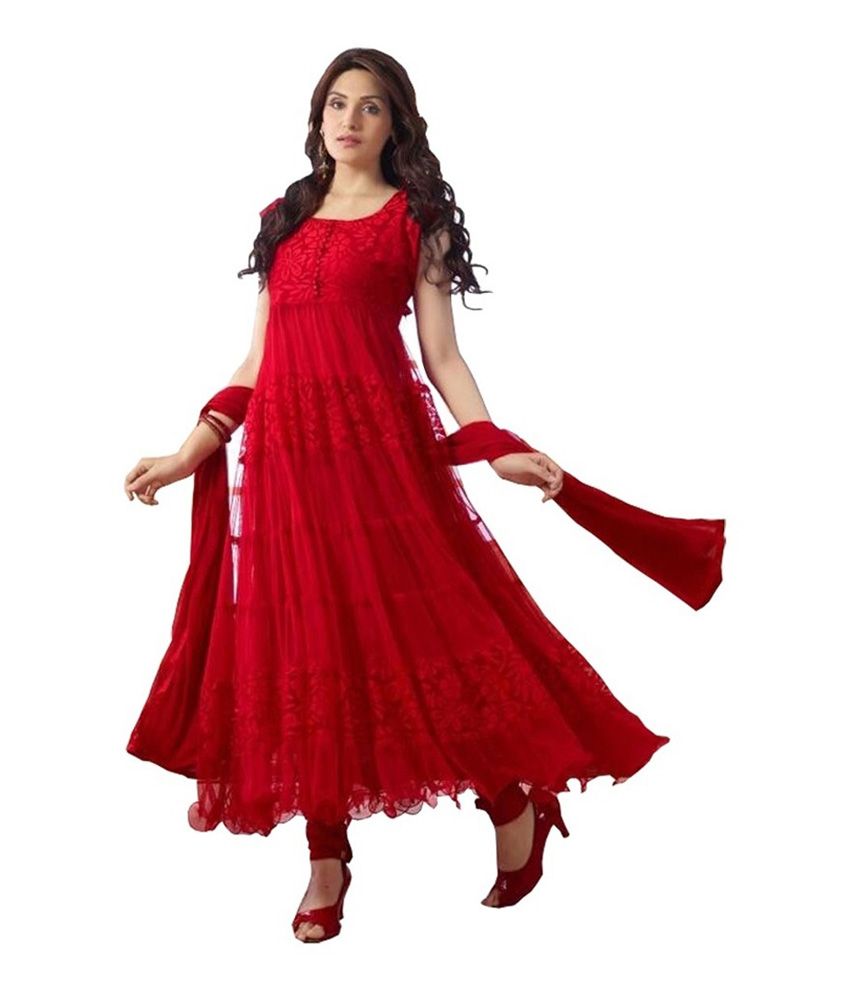 53% OFF on Sonisons Red Chiffon Anarkali Dress Material on Snapdeal