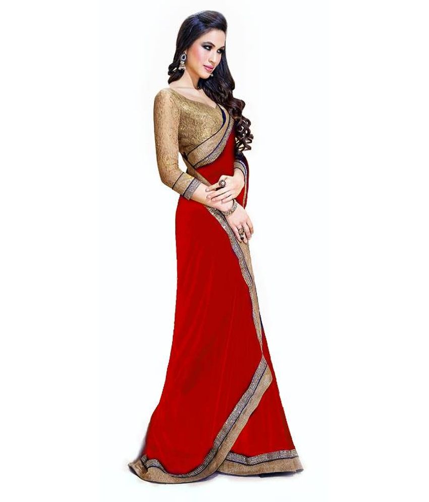 Sareez House Red Faux Chiffon Saree With Blouse Piece available at snapdeal for Rs.500