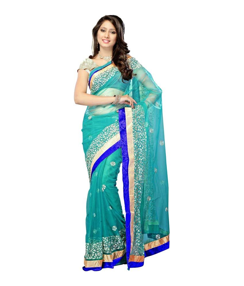Tulsi Myntra Blue Embroidered Net Saree With Blouse Piece available at snapdeal for Rs.747