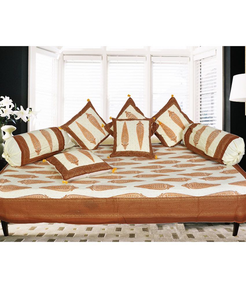 Snehkriti Jaipuri Traditional Diwan Set (1 Single Bedsheet + 2 Bolster Cover + 5 Cushion Covers) - Brown Snehkriti Jaipuri Traditional Diwan Set (1 Single Bedsheet + 2 Bolster Cover + 5 Cushion Covers) - Brown