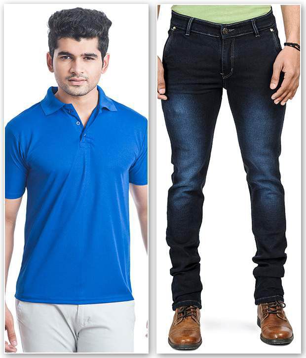 blue t shirt and black jeans