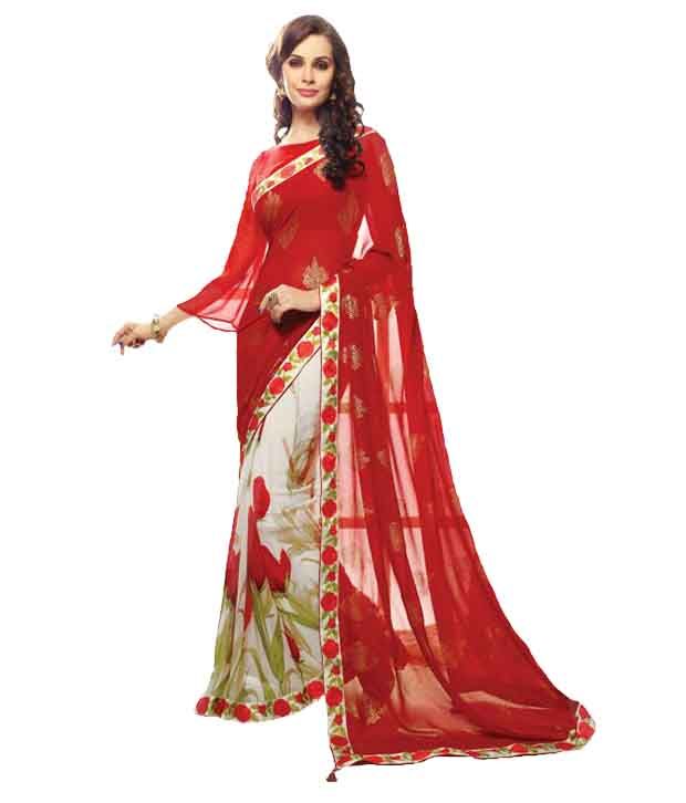 Sahiba Red Pure Chiffon Printed Saree