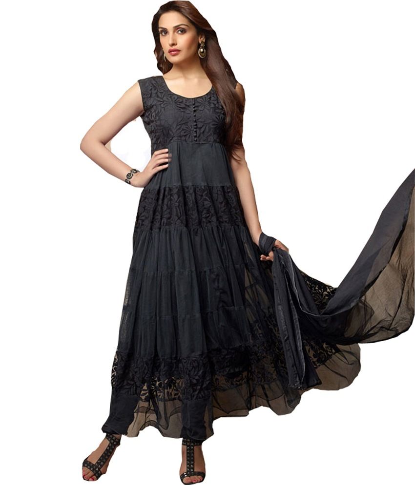 Clickedia Stunning Black Brasso Net Anarkali Dress Material