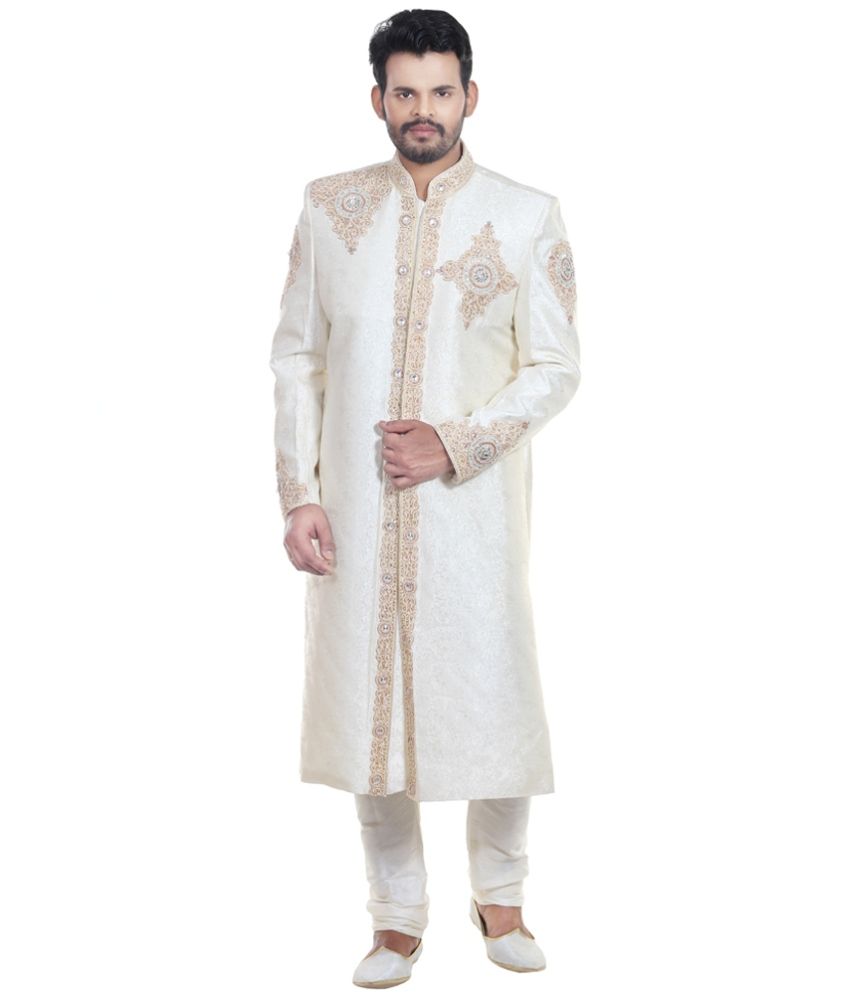 Amafhh Beige Silk Blend Medium Sherwani