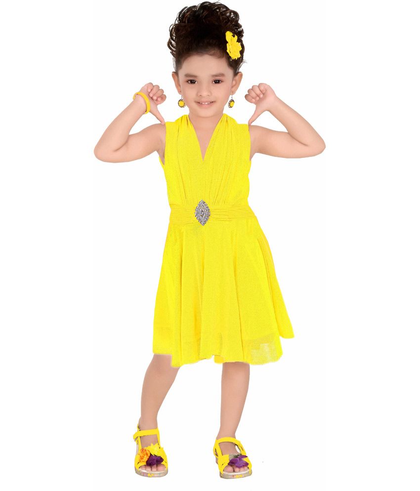 Kids Mini Yellow Synthetic Short Sleeveless Party Wear Frock available at snapdeal for Rs.750