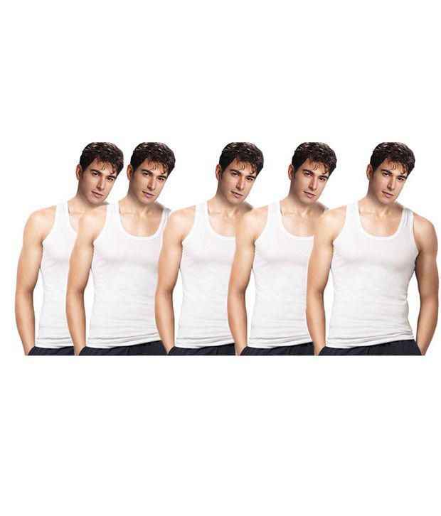 21% OFF on Poomex Cotton White Sleeveless Vest - Pack Of 5 on
