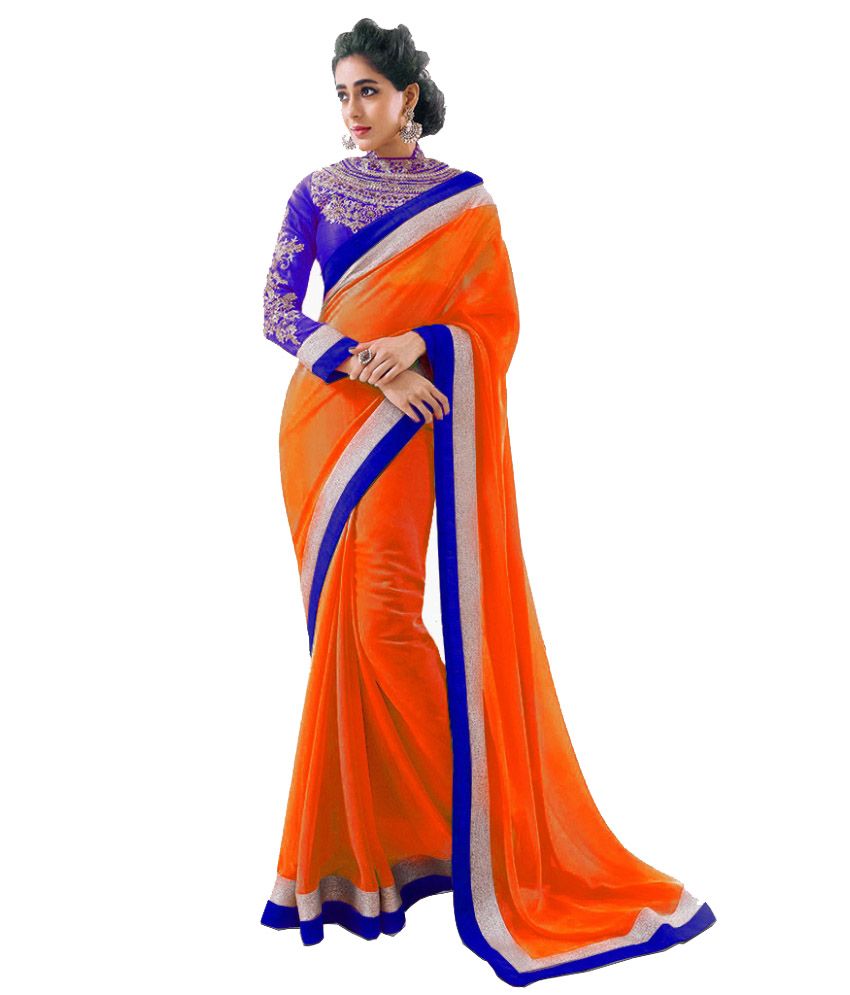 Sareez House Orange Faux Chiffon Plain Worked Saree With Blouse Piece available at snapdeal for Rs.550