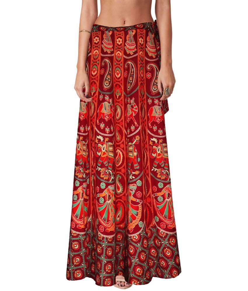 Sttoffa Maroon Printed Ethnic Style Cotton Long Wrap Around Skirt available at snapdeal for Rs.720