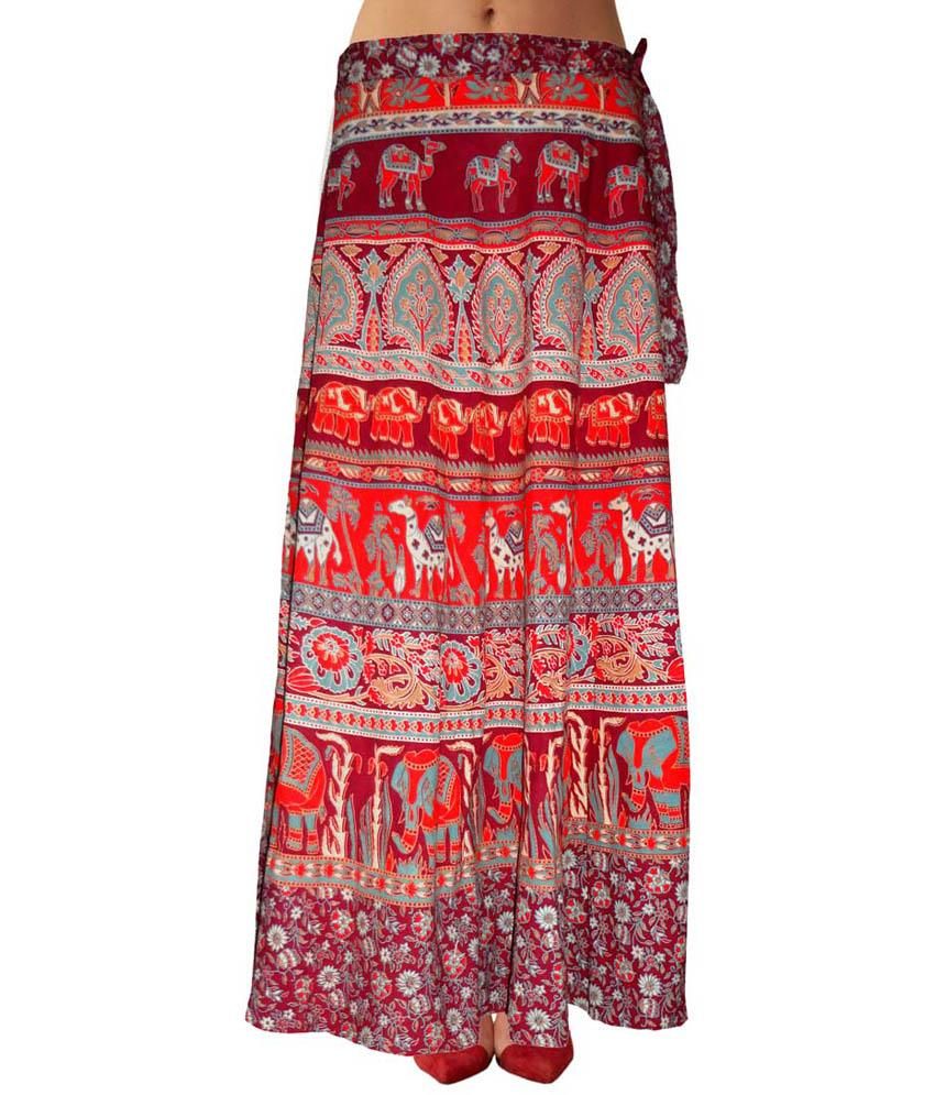 Sttoffa Maroon Printed Ethnic Style Cotton Long Wrap Around Skirt available at snapdeal for Rs.720