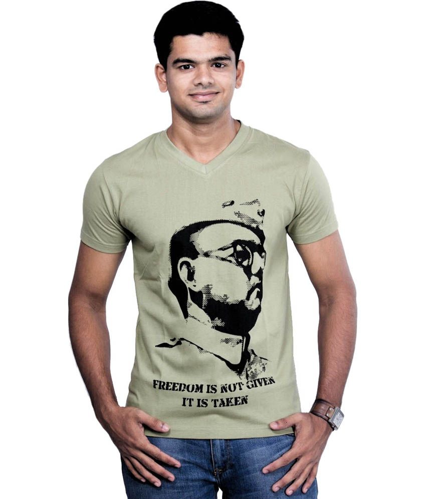 Buy Fotachu Cotton Green Printed Half Sleeves V-neck T Shirt on