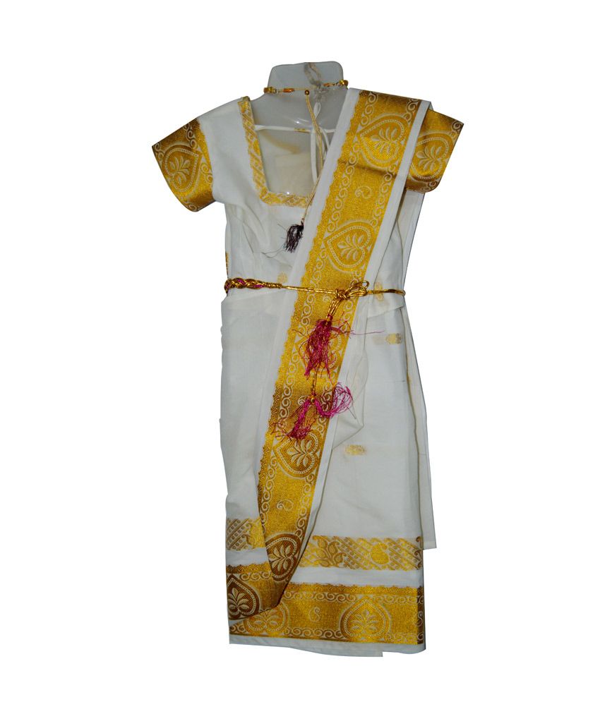 Mysilksaree White Cotton Onam Saree For Kids