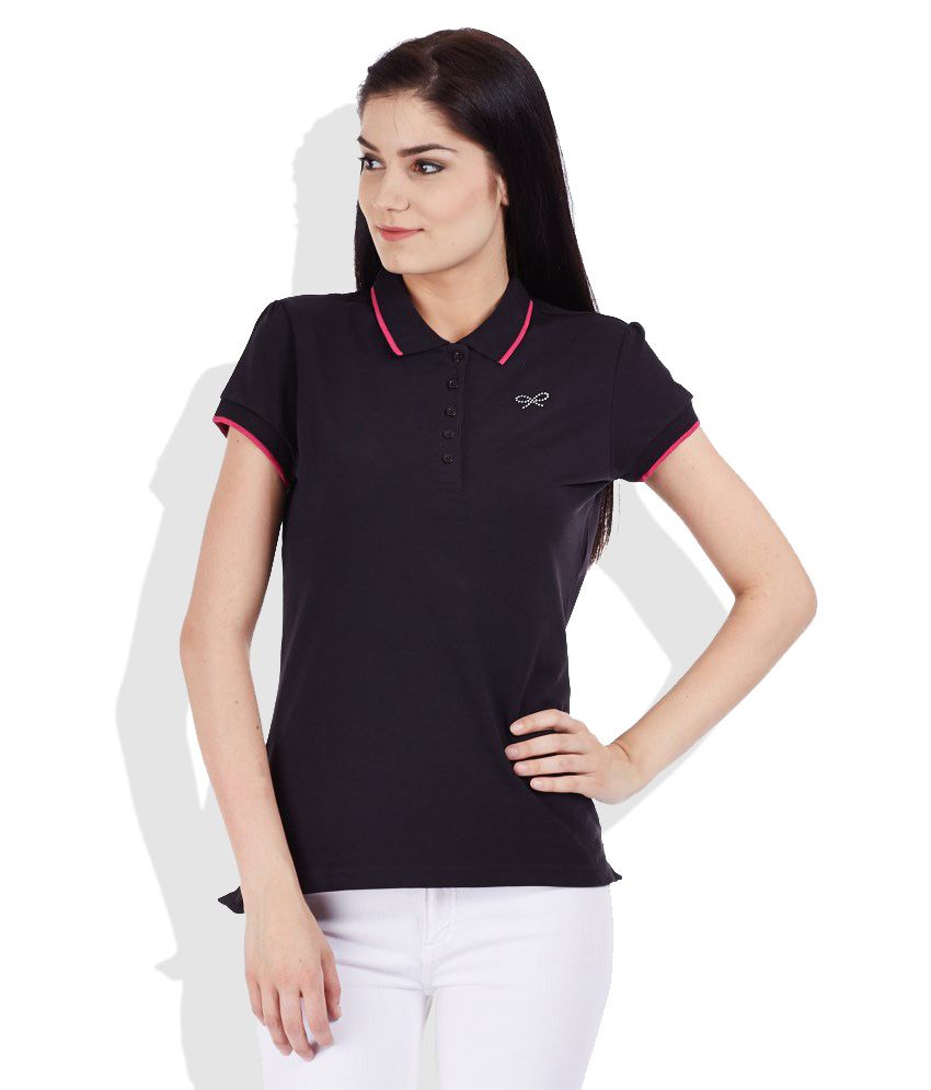 Bossini Black Solid Polo Neck T-shirt