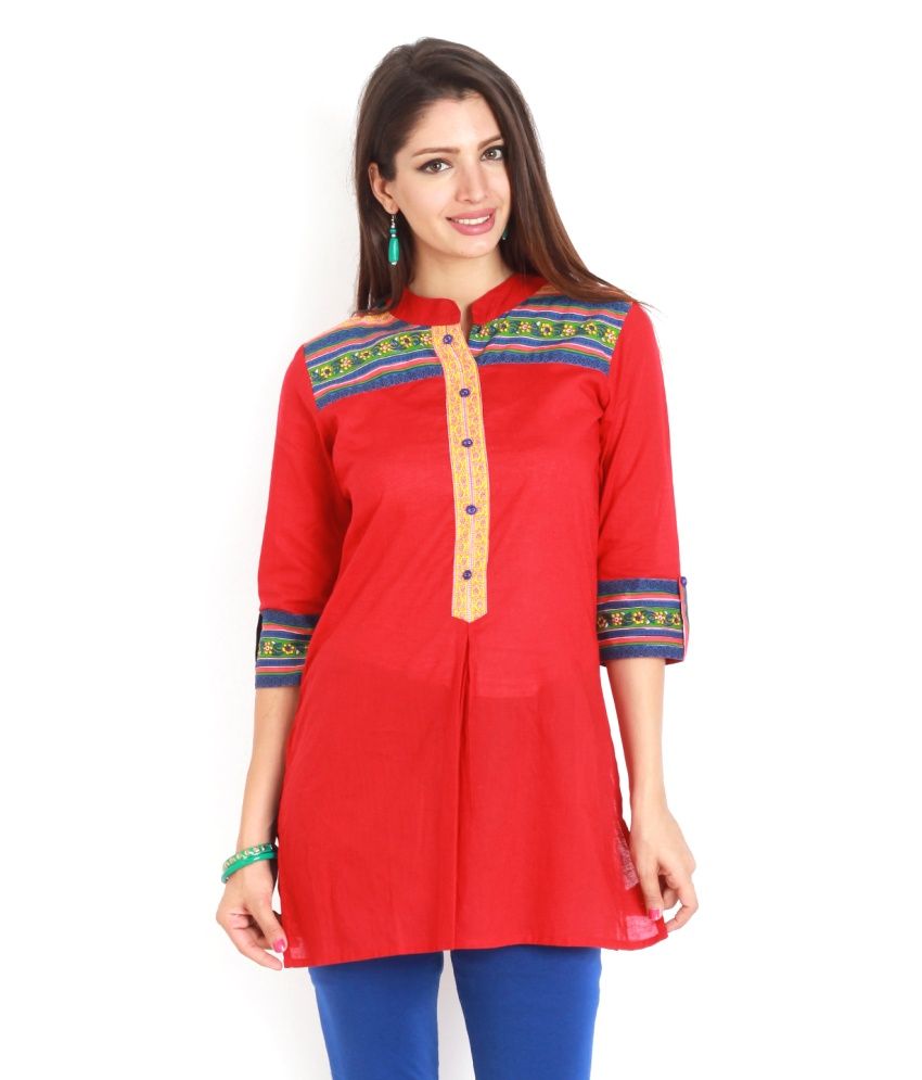 Aaboli Red Cotton Solid Chinese Collar Kurti
