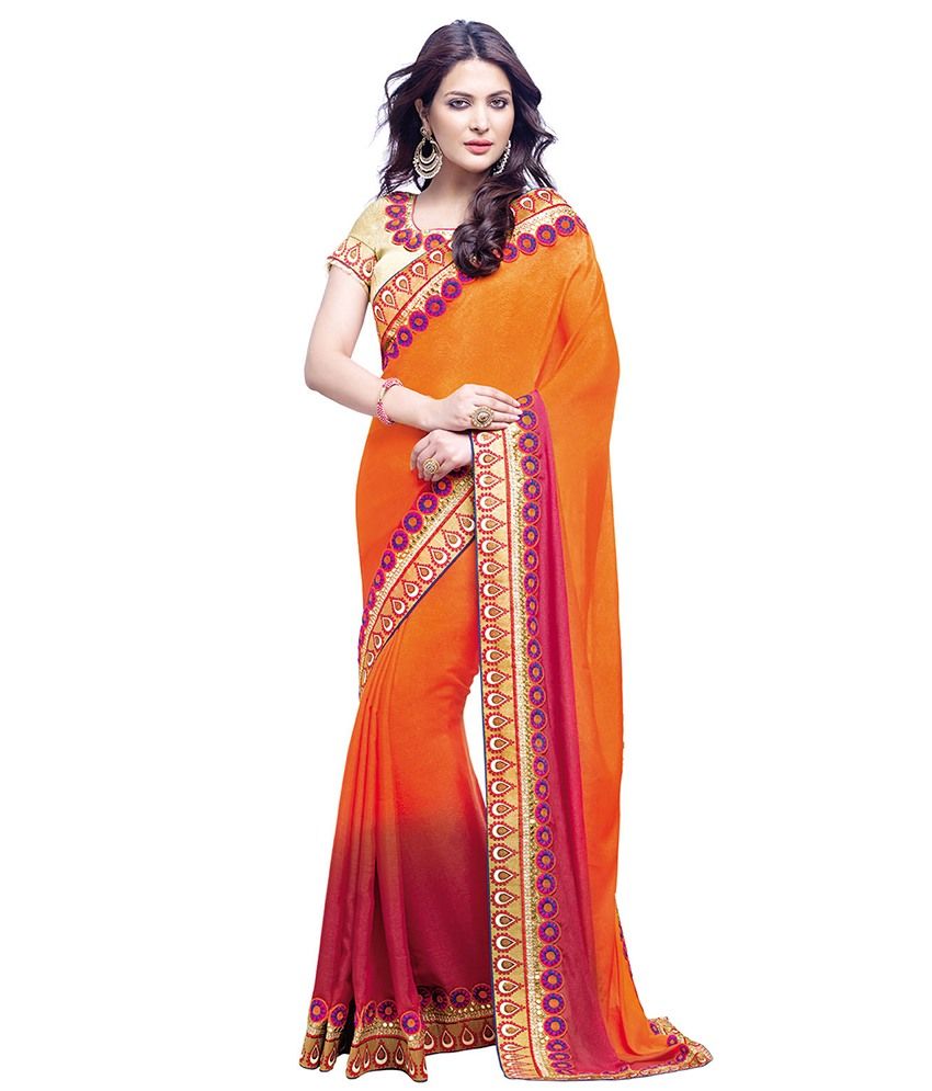 Shonaya Orange Net Embroidered Saree Without Blouse Piece available at snapdeal for Rs.2545