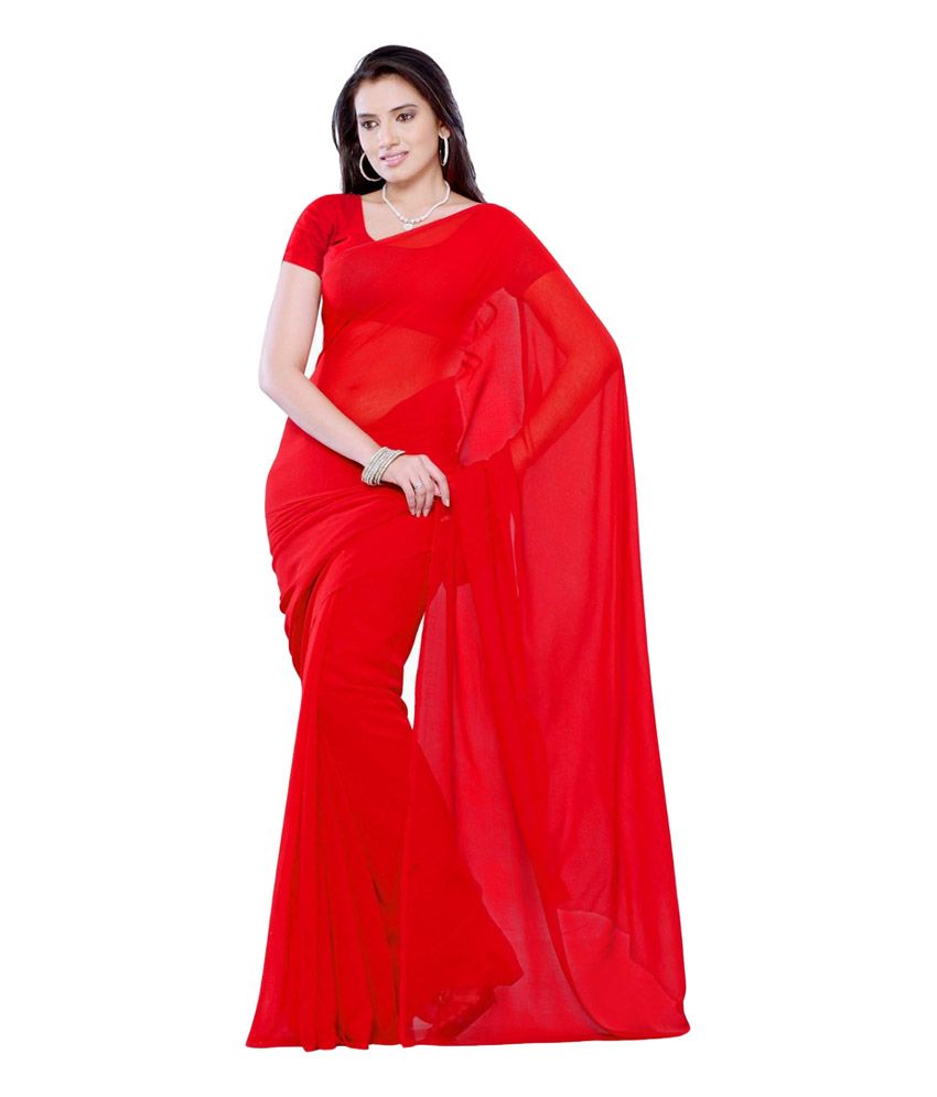 Poonam Red Georgette Plain Saree With Blouse Piece