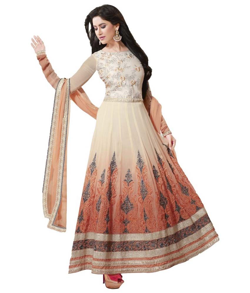 Padam Shree Designer Beige Embroidered Faux Georgette Anarkali Dress Material