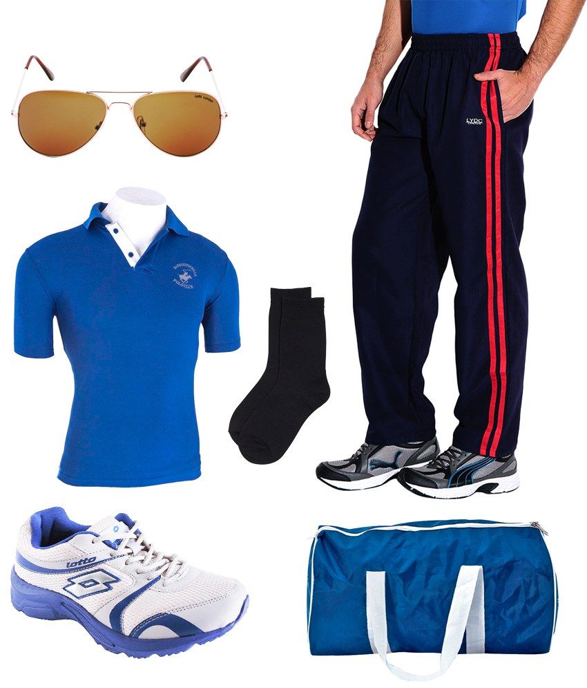 Lotto Sports Shoes, Bhpc T-shirt, Lydc Track Pant, Red Marine Socks, Bhpc Gym Bag And Lydc Sunglasses Combo