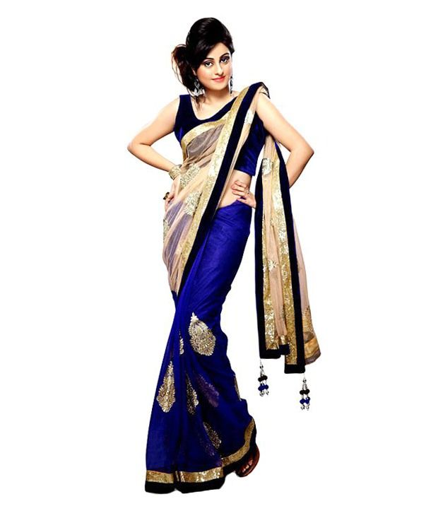 Dream Fashion Blue And Golden Embroidered Net Saree available at snapdeal for Rs.613