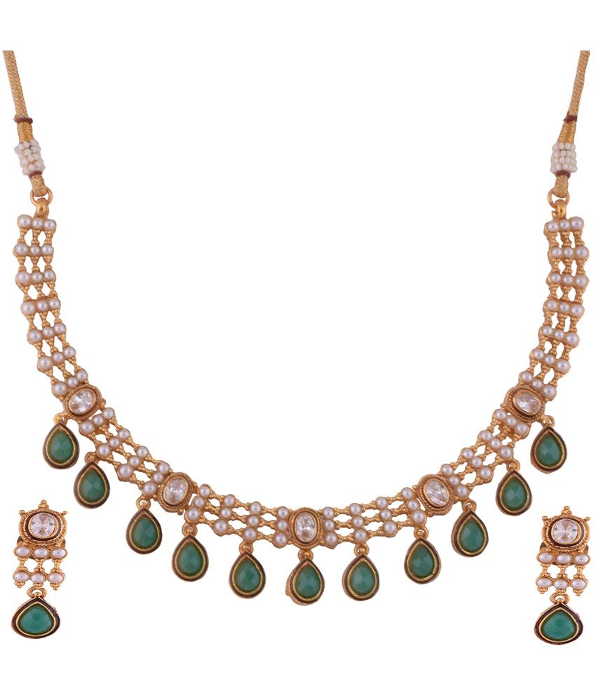 1 Gram Gold Plated Necklace Set With Pearls And Green Cz Drops available at snapdeal for Rs.2150