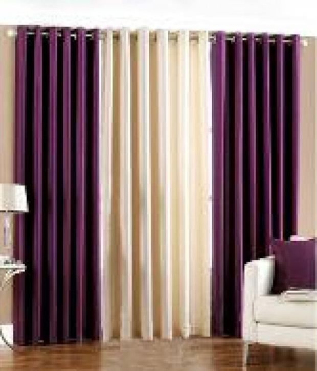 Beautiful Solid Crush Curtain Combination Of 3 (2 Purple And 1 Cream)