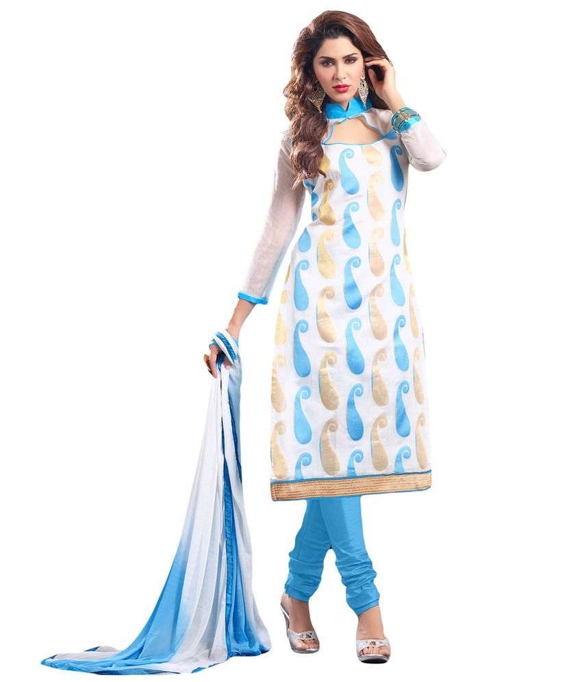 52% OFF on Prachi Silk Mills White & Sky Blue Printed Cotton Dress Material  on Snapdeal | PaisaWapas.com
