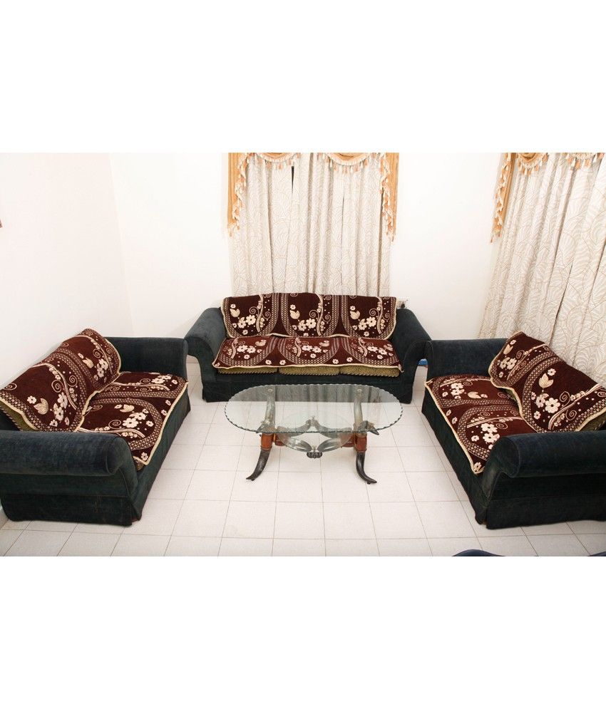 Fk Golden And Brown Ethnic Design Velvet 7 Seater Sofa Slip Cover