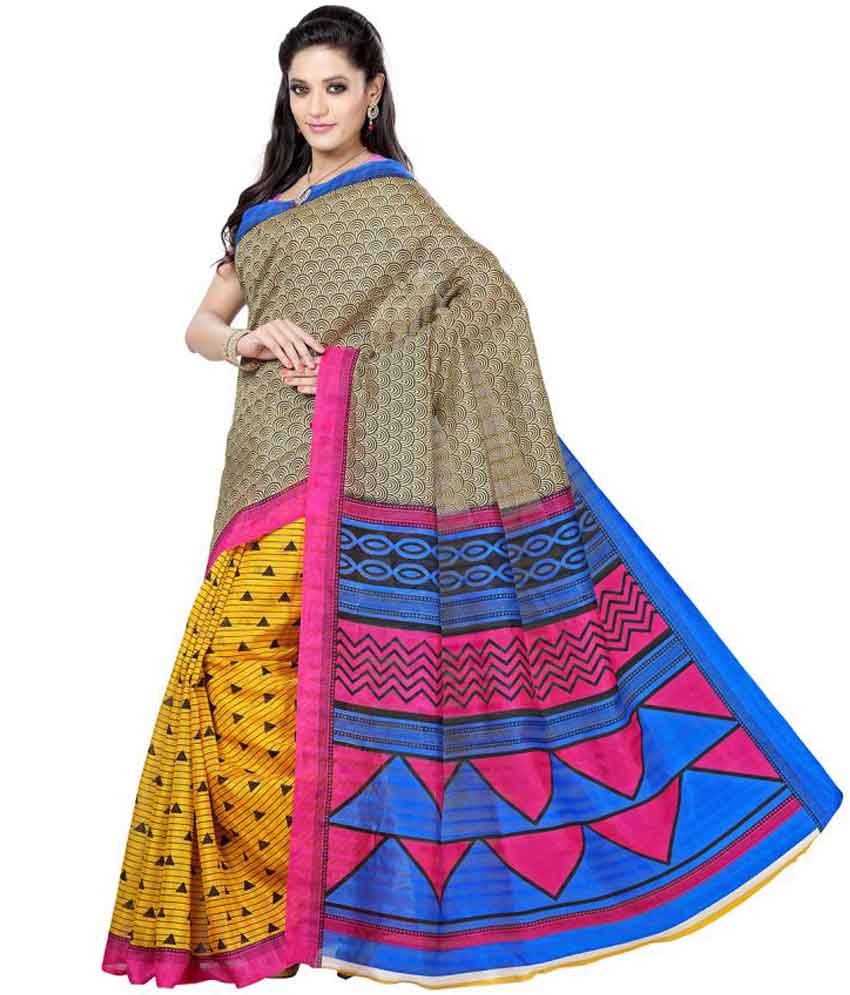 Ishin Yellow Bhagalpuri Silk Saree Buy Ishin Yellow Bhagalpuri Silk