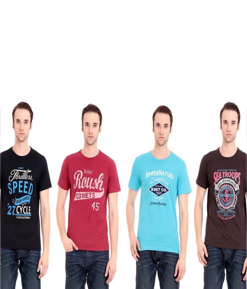 Palm Beach Multicolor Cotton Blend Printed Round Neck T-shirt - Combo Of 4 available at snapdeal for Rs.159