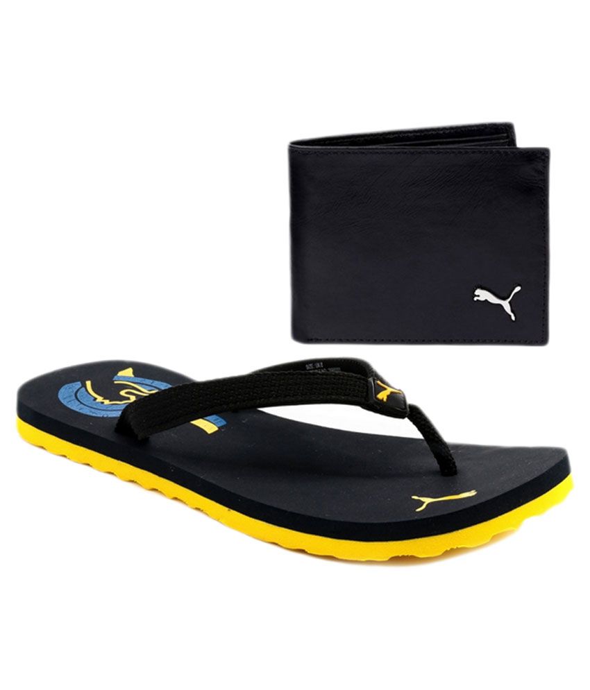 puma black and yellow slippers