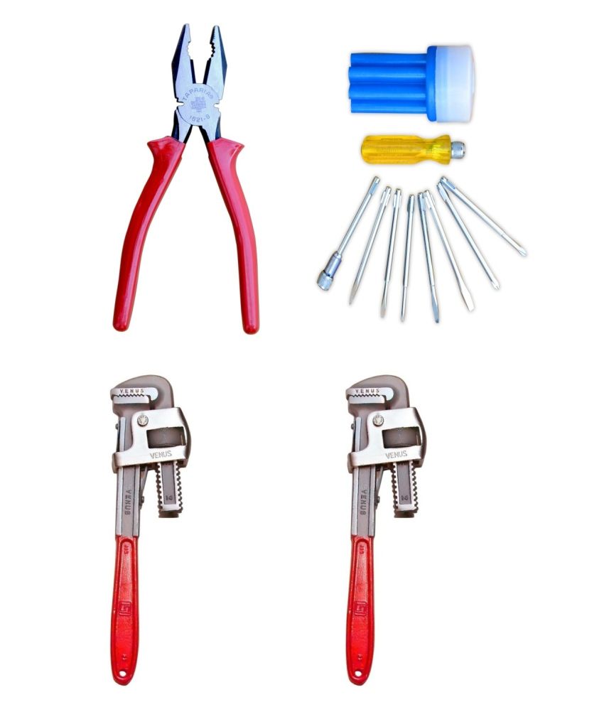 Taparia Tool Kit-Set Of Plier & Venus Screw Driver Kit & Venus Pipe Wrench 14 Inch-Pack Of 2