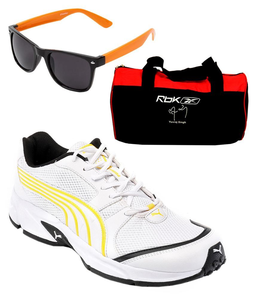 Puma Neptune White Running Shoes With Lotto Sunglasses And Reebok Gym Bag Combo available at snapdeal for Rs.2726