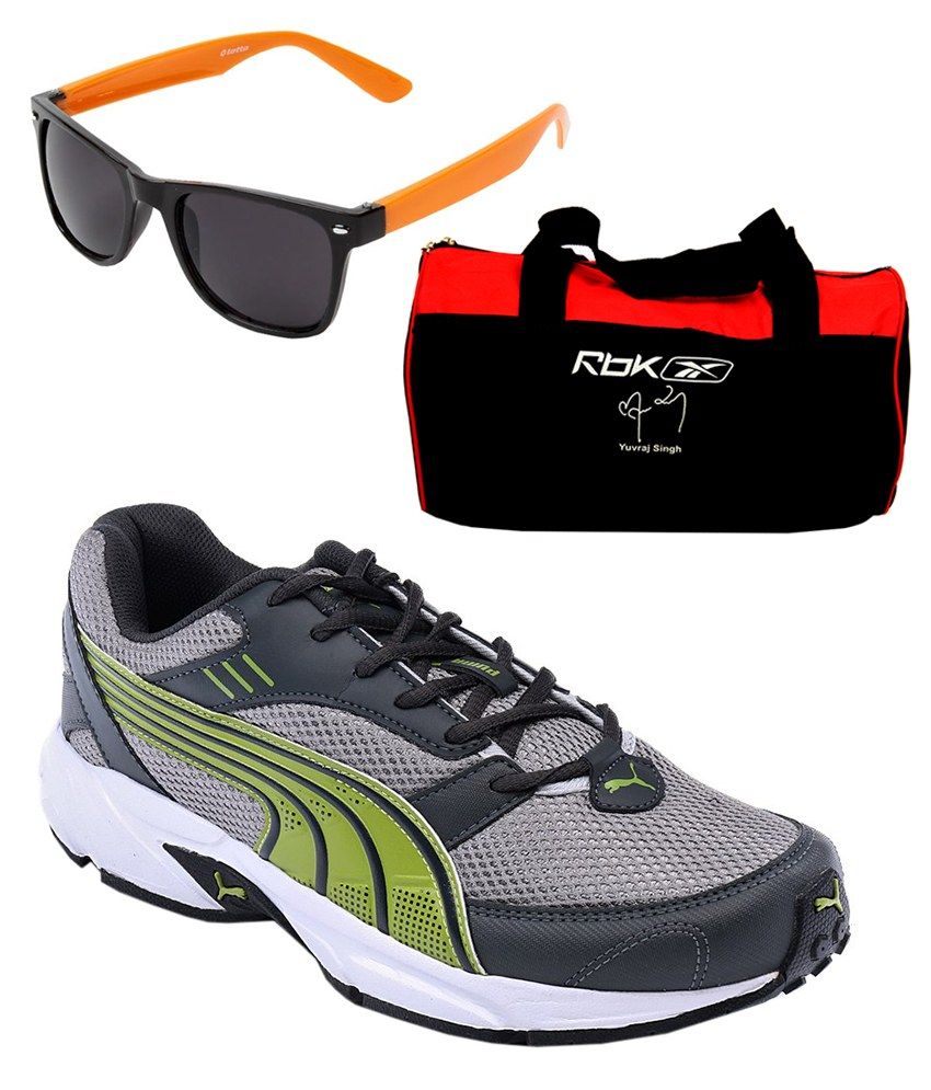 Puma Pluto Dp Gray Running Shoes With Lotto Sunglasses And Reebok Gym Bag Combo available at snapdeal for Rs.2678