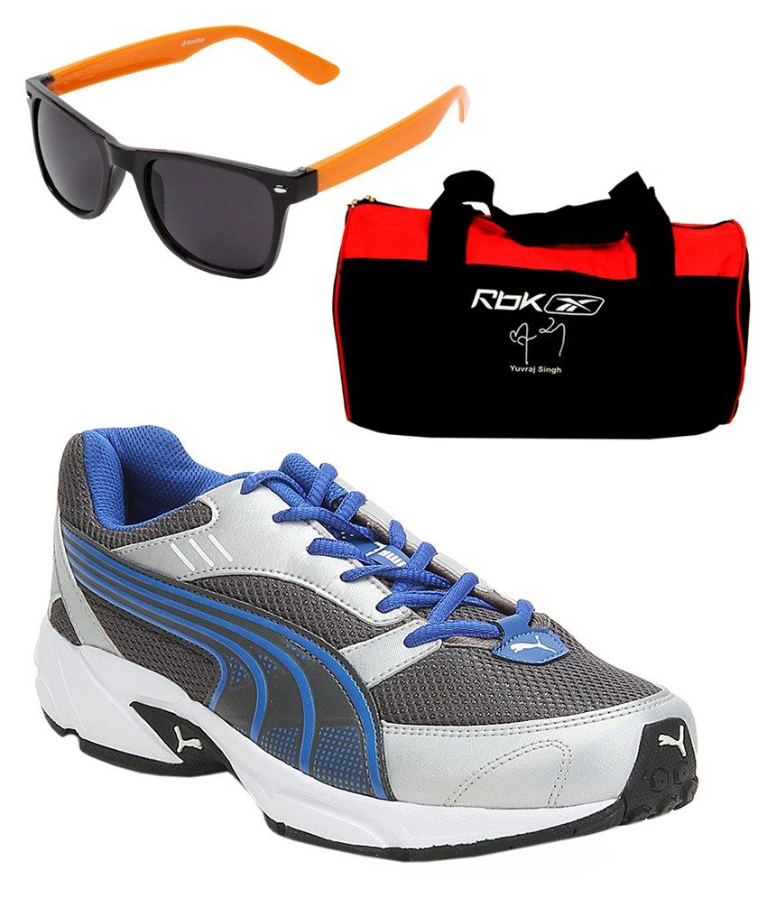 Puma Pluto Dp Gray Running Shoes With Lotto Sunglasses And Reebok Gym Bag Combo available at snapdeal for Rs.2678