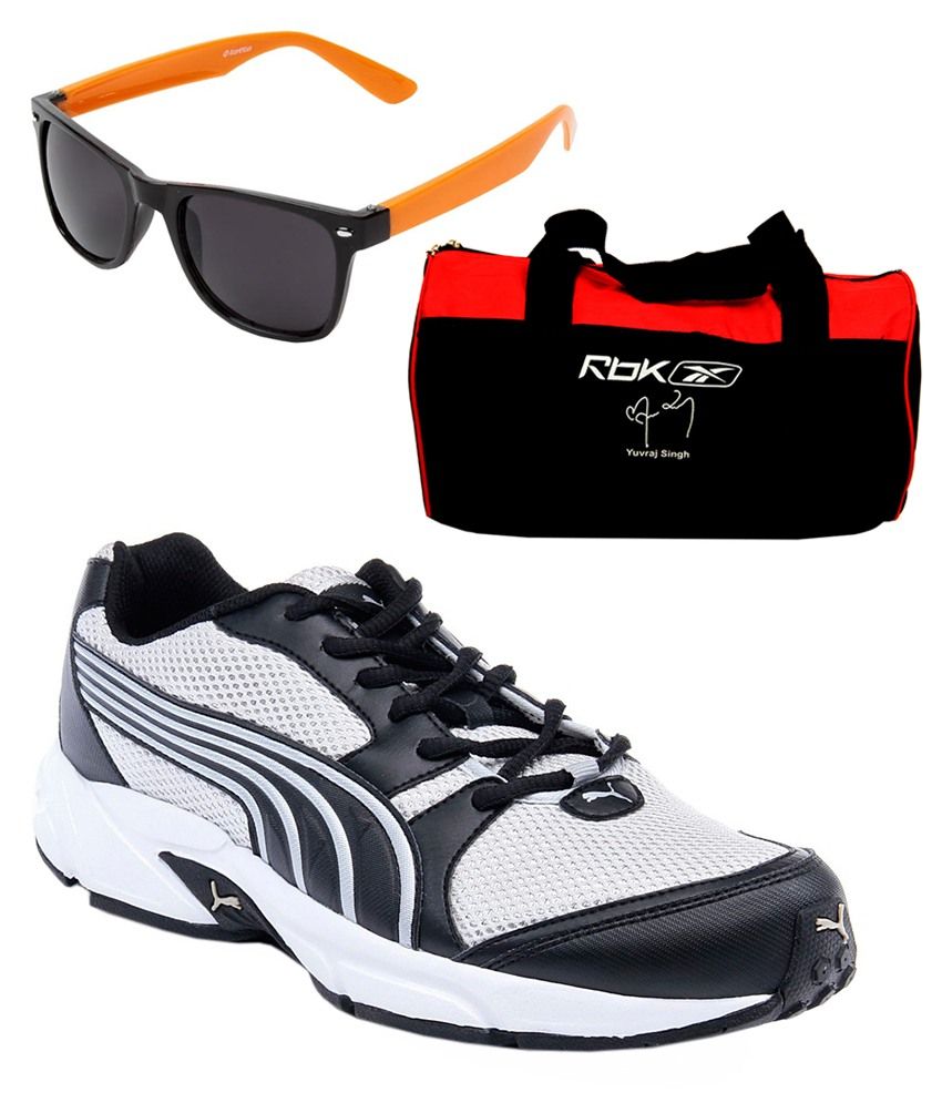 Puma Neptune White Running Shoes With Lotto Sunglasses And Reebok Gym Bag Combo available at snapdeal for Rs.2678